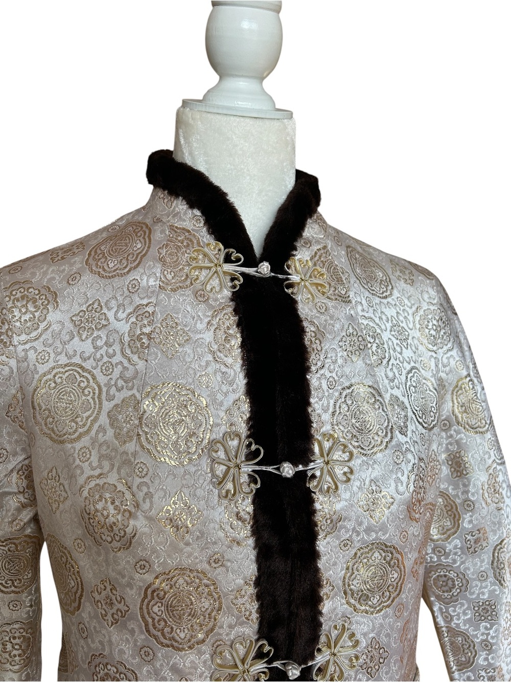 Gorgeous Asian Brocade Jacket Faux Fur Trim Mandarin Collar Size Small - Picture 4 of 14